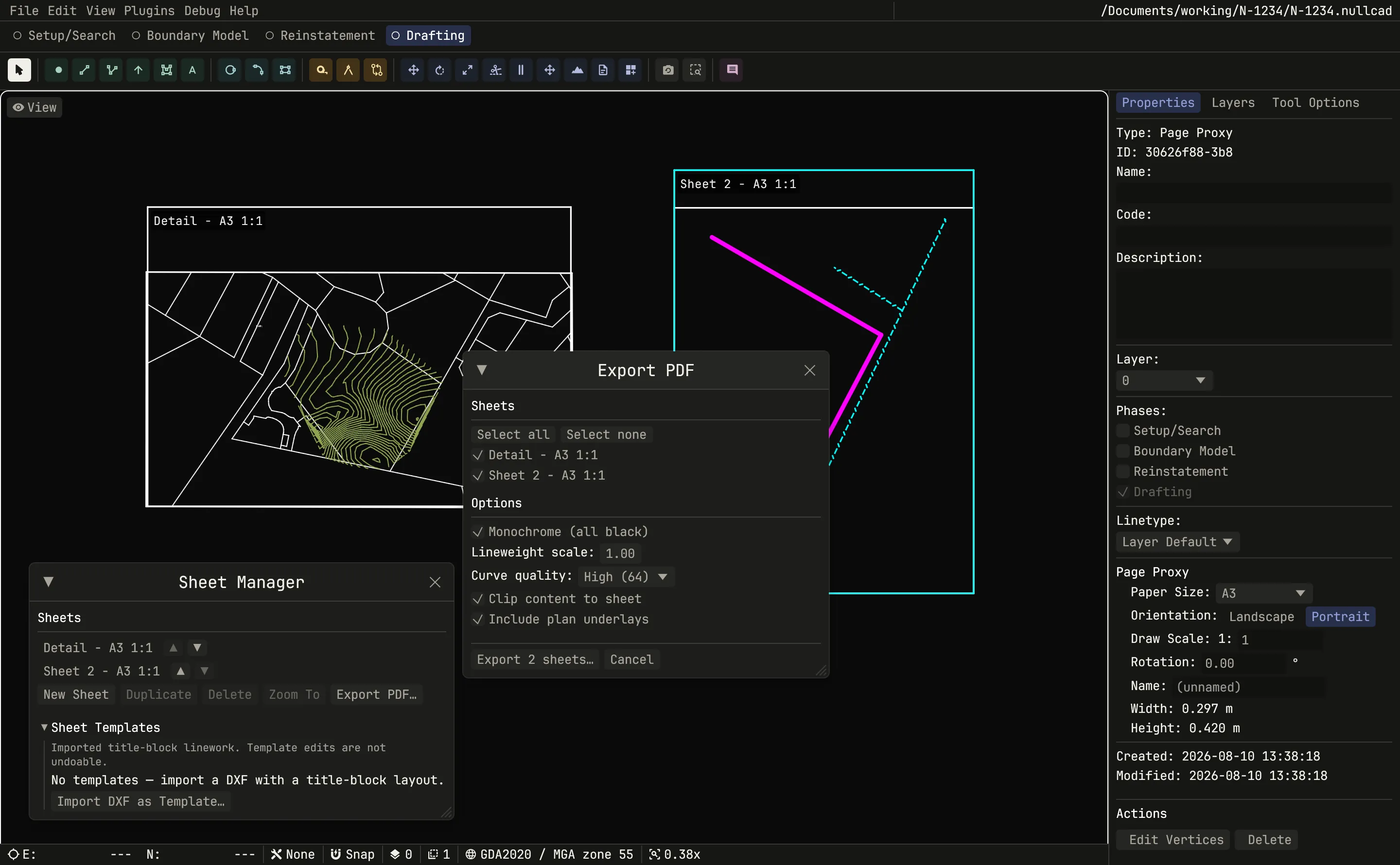 The NullCad window in the Drafting phase: two A3 sheets on the canvas — a detail sheet windowing boundary linework and contours, and a second sheet in portrait — with the Sheet Manager panel and the Export PDF dialog open, showing monochrome, lineweight scale, curve quality and clip-to-sheet options.