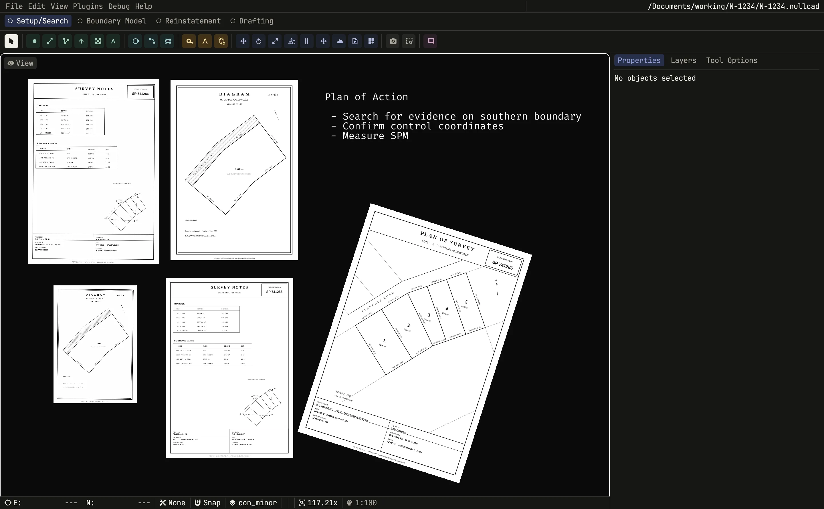 The NullCad window in the Setup/Search phase: eight scanned survey information reports and title plans laid out across the viewport like a desk, with the properties panel empty and the status bar reading GDA2020 / MGA zone 55.