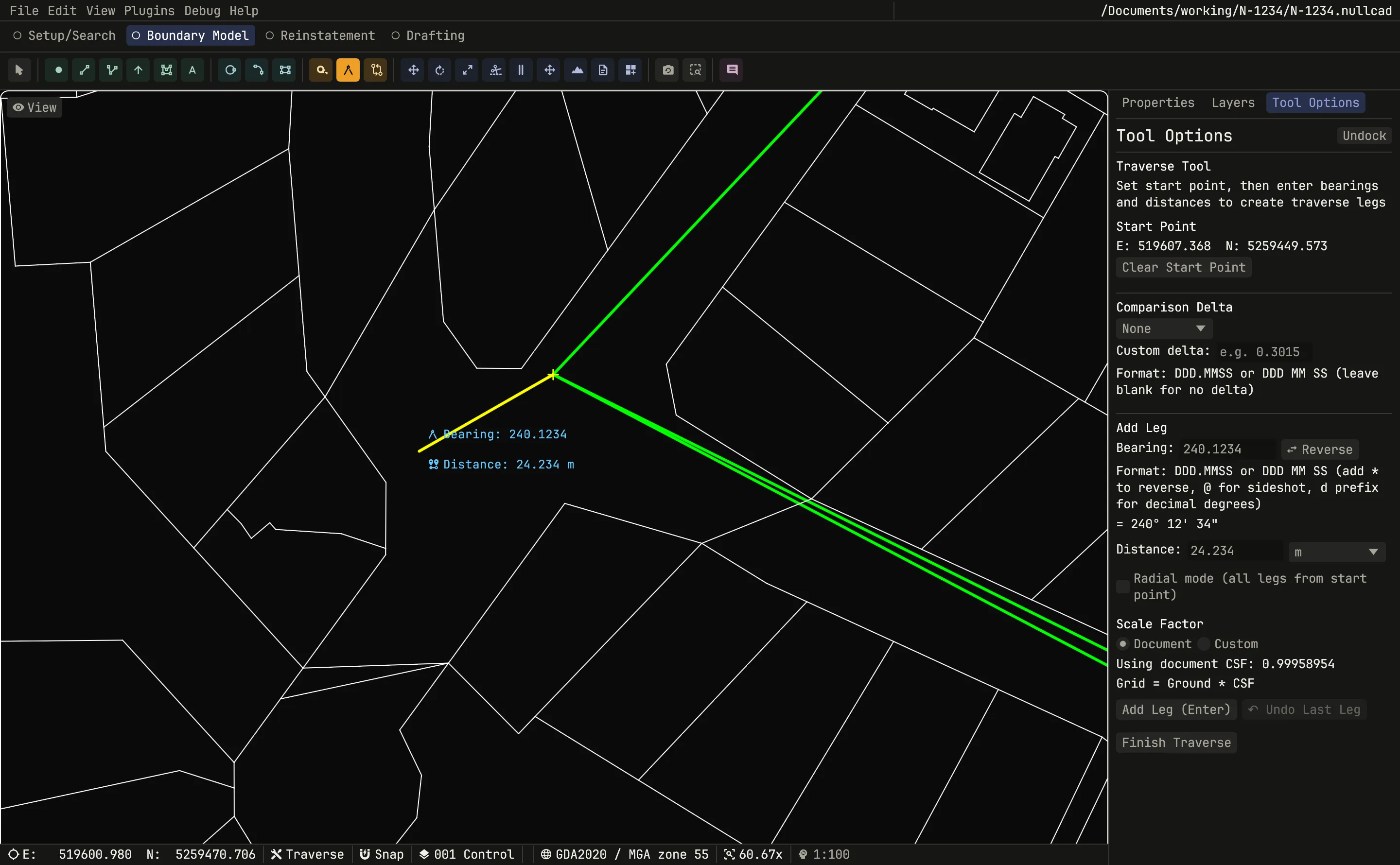 The traverse tool mid-entry in the Boundary Model phase: completed legs drawn in green over the boundary fabric, a preview leg annotated with bearing 240.1234 and distance 24.234 m, and the tool options panel showing the bearing and distance fields with the document combined scale factor applied.